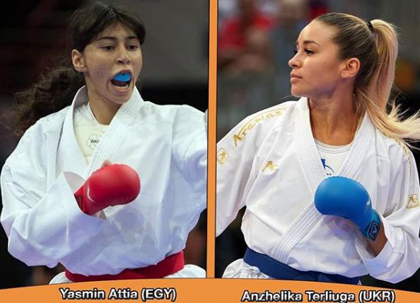 In Female Kumite -55kg Anzhelika Terliuga clashes against Yasmin Attia